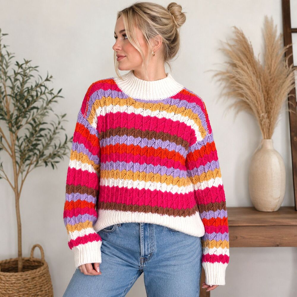 99 Jane Street Women's Colorful Striped Chunky Knit Mock Neck Sweater Size Med